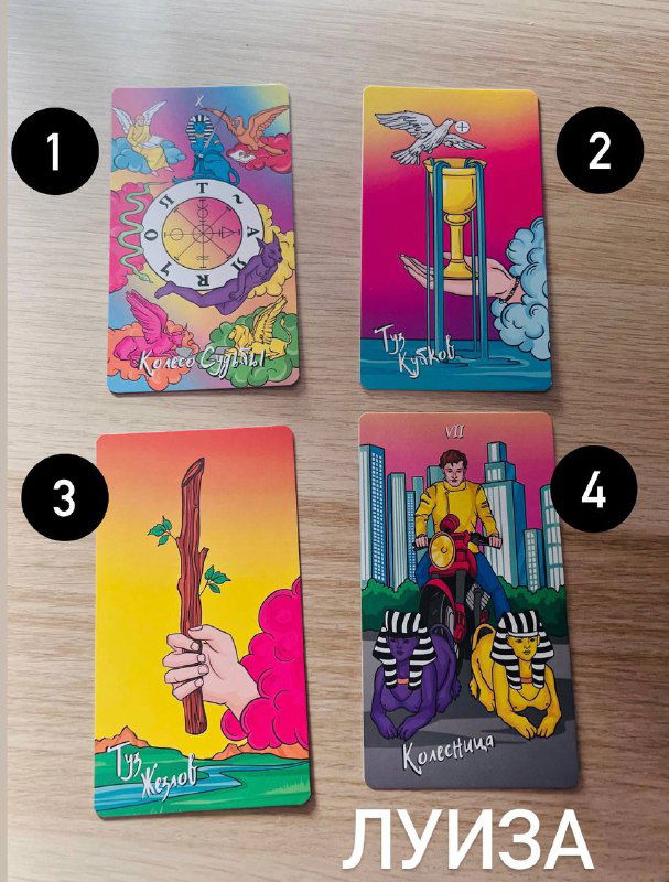 Изображение расклада Таро для наставника «ЛУИЗА»: четыре карты с контрастными цветами и пронумерованными позициями, заметны архетипические символы и окружение.