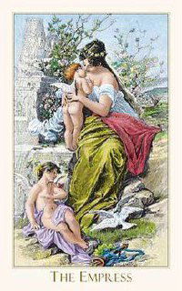 Иллюстрация Императрицы как матери: женщина с ребёнком на руках, ещё один ребёнок рядом и птицы — сцена заботы и материнства в пастельных тонах.