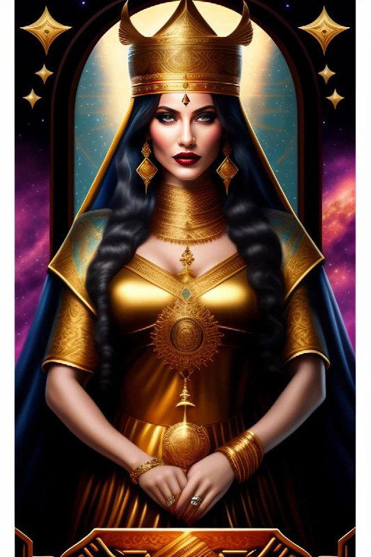 Портретная иллюстрация Жрицы в золотой короне и тёмно-синей мантии; акцент на строгости, дистанции и архетипе власти в образе карты.
