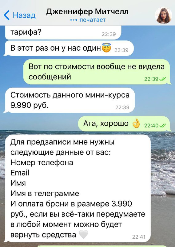 Скриншот чата с инструкцией для предзаписи: поля для номера телефона, email, имени и суммой брони — пример сообщений, которые используют мошенники.