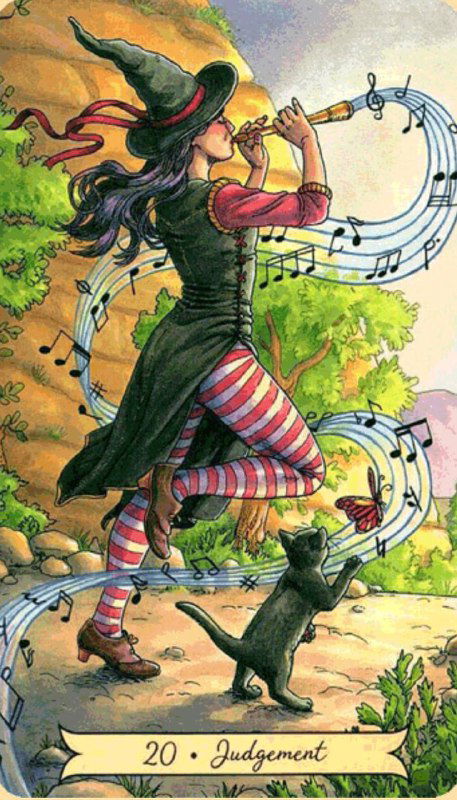 Яркая картинка карты «Judgement»: ведьма с трубой, музыкальные ноты и кот рядом, лёгкая иллюстративная манера, подчёркивает пробуждение.