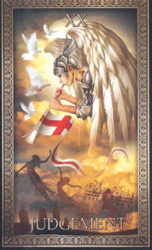 Драматичная сцена карты Таро «Judgement»: ангел, развевающиеся знамена и силуэты людей, тёплая палитра, акцент на торжестве и выводах.