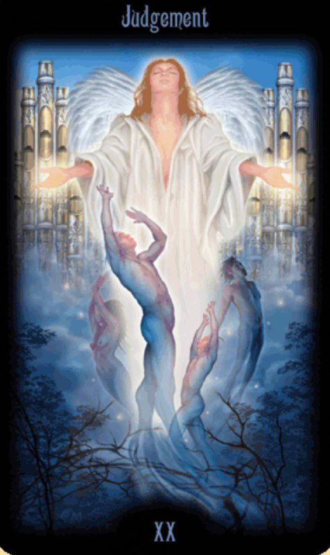 Символическая карта «Judgement»: светящаяся фигура ангела и восстающие люди, прохладные синие тона, ощущение прозрения и очищения.