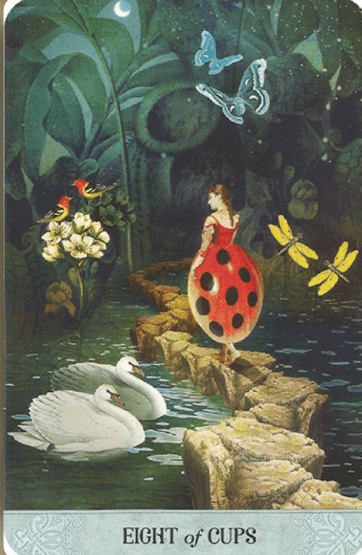 Арт-вариант «8 Кубков»: девушка в образе божьей коровки проходит по камням среди озера и лунных бабочек, оставляя чаши позади.
