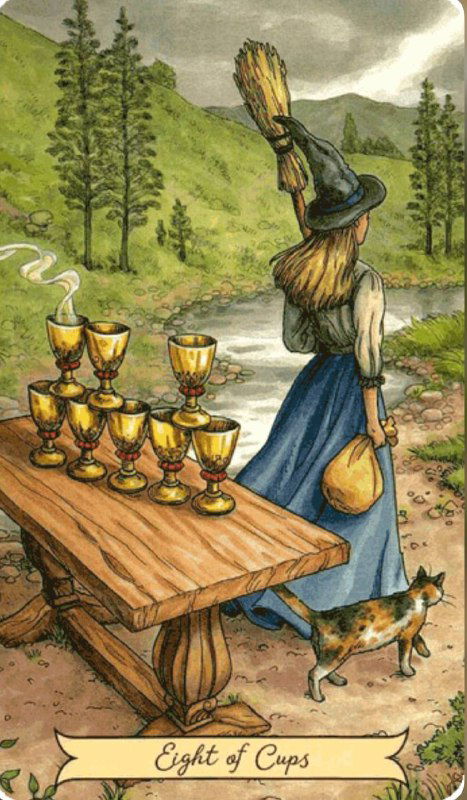 Иллюстрация «8 Кубков» в народном стиле: женщина уходит от стола с кубками, неся узелок на плечах и шагая по дороге в горы.