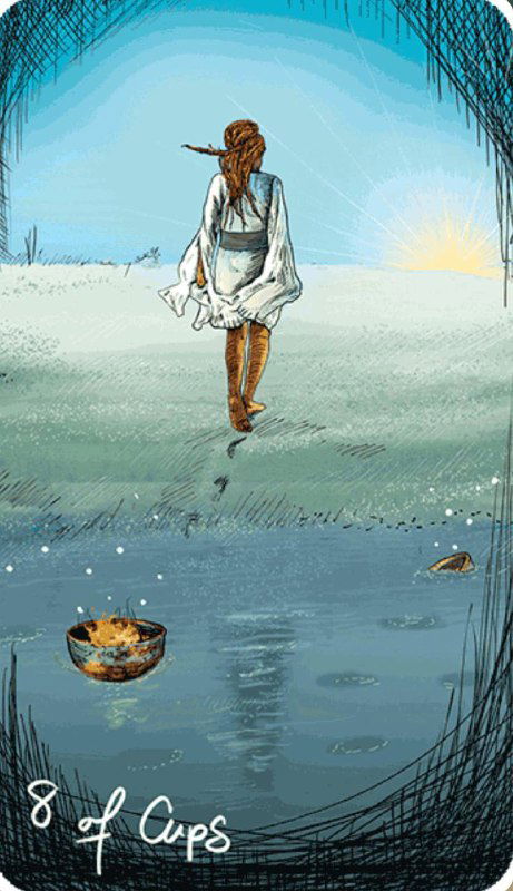 Современная «8 Кубков»: персонаж идёт по мелководью к рассвету, оставив чашу на берегу — образ движения к новому началу.