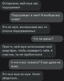 Скриншот переписки на русском языке: диалог с обвинениями и попытками «проверить» партнёра, изображённая бытовая ревность.