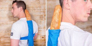 Мужчина в профиль с сумкой на спине, в которой торчит багет — комичная и абсурдная визуализация идеи Шута и его нелепых изобретений.