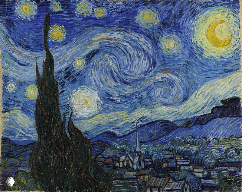 «Звёздная ночь» Ван Гога: ночное небо с вихревыми звёздами и луной над городком, яркие синие и жёлтые мазки, динамичная композиция.