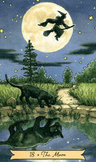 Классическая карта Таро «Луна»: ночной пейзаж с большой луной, силуэтом летающей птицы и отражением в воде на переднем плане.