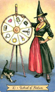 Иллюстрация карты Колесо Фортуны с фигурой ведьмы рядом с колесом: символы удачи, судьбы и вращения цикла в контексте колоды.