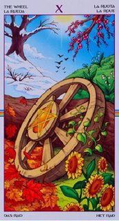 Яркая цветная иллюстрация Колеса Фортуны на фоне сезона с подсолнухами и падающими листьями — символ смены сезонов и циклической природы событий.