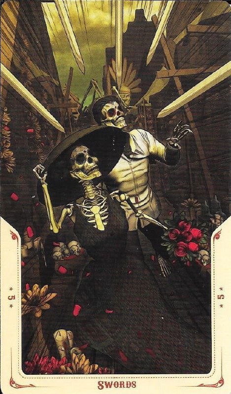 Темная готическая иллюстрация «Пятёрка Мечей»: скелеты и мечи в сцене разрушения, эмфатический образ последствий конфликта и тленности победы.