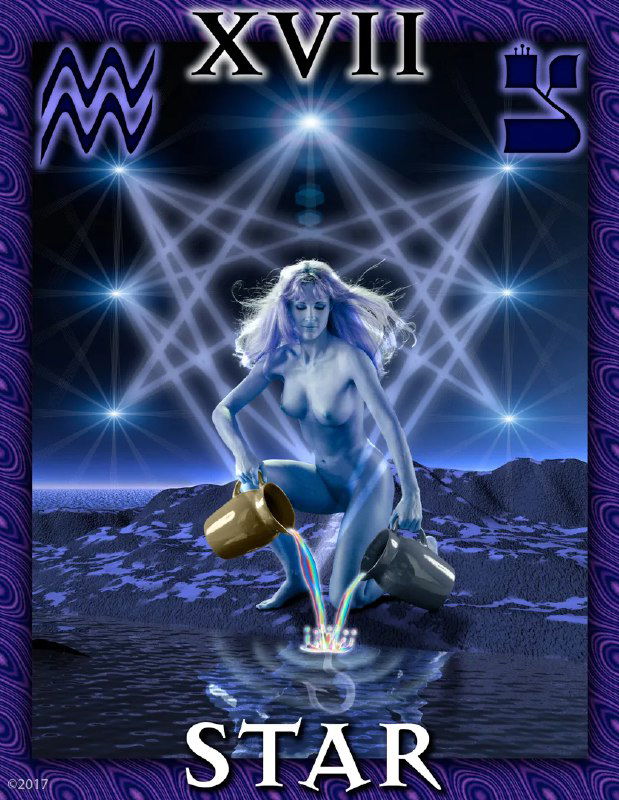Современная фантастическая интерпретация аркана Звезда: синяя фигура женщины с переливающимися узорами, светящиеся звёзды и струящаяся вода.