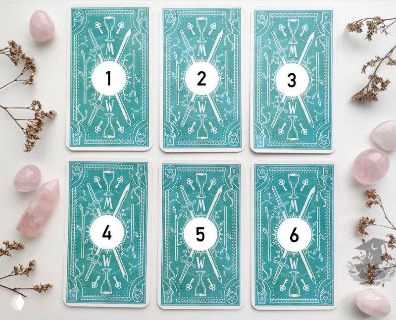 Шесть карт Таро рубашкой вверх, пронумерованные 1–6; вокруг — розовые кристаллы и засушенные цветы, композиция для выбора карты на любовный расклад.