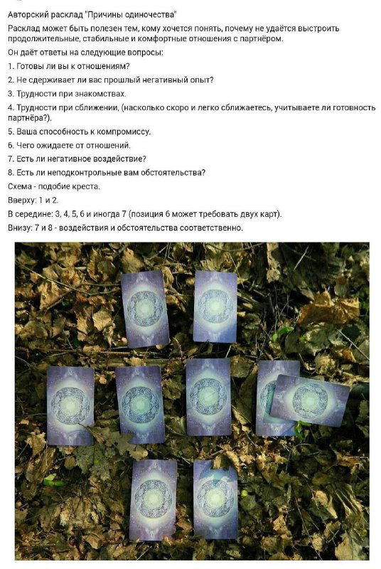 Фотография карт Таро, разложенных на траве и окружённых текстом объяснений: визуализация расклада и примеры расположения карт в природе.