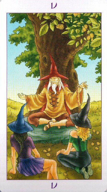 Игривое изображение Жреца под деревом: наставник в окружении учеников, сцена подчёркивает передачу знаний и традиций в простом фольклорном стиле.