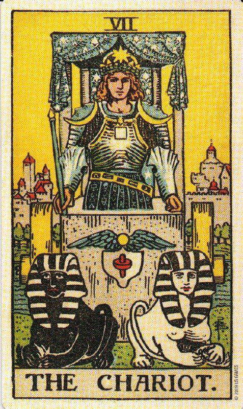 Традиционная колода: карта The Chariot с изображением триумфальной колесницы и сфинксов спереди, исторический стиль Райдера-Уэйта