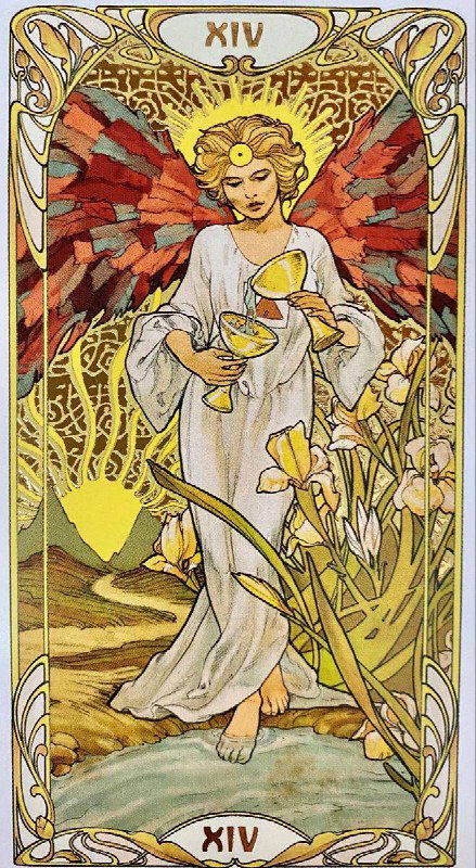 Классическая карта Умеренность: ангел в белом с жёлтыми цветами и красными крыльями, символ возрождения и уравновешивания действий.