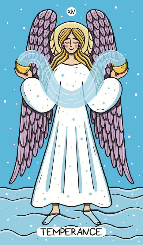 Стилизованная карта «Умеренность»: ангел с фиолетовыми крыльями и лентой воды, минималистичная иконография баланса и спокойствия.