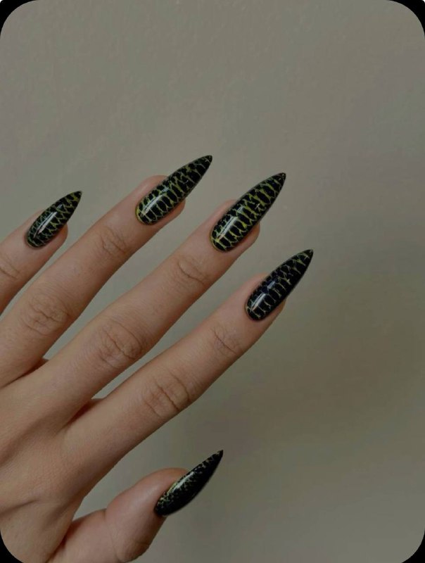 Ногти-стилеты с рисунком «змеиная кожа»: чёрно-зелёная основа и тонкие светлые полосы на нейтральном фоне.