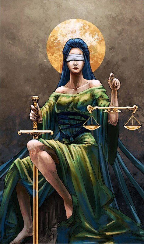 Современная художественная версия Справедливости: слепая женщина в зелёном платье, золотой нимб, весы и меч, символика справедливости.