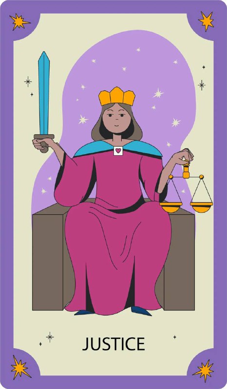 Схематичная мультяшная карта Справедливость: яркие пастельные тона, корона, меч и весы, минималистичный дизайн для упрощённой колоды.