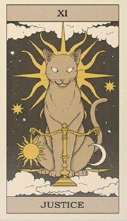 Минималистичное изображение карты XI — Justice: фигура кота на весах, солнце, звезда и классические символы баланса и правосудия.
