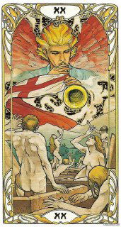 Драматичная интерпретация аркана Суд: фигура с трубой на фоне огненных крыльев и восстающие люди, акцент на перерождении.