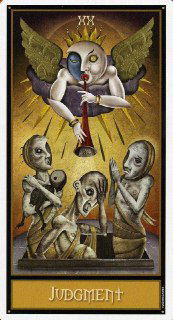 Сюрреалистичное изображение Суда: причудливые фигуры и маски, изображающие воскрешение, оценку прошлого и внутренние страхи.