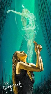 Современная иллюстрация аркана Суд: женщина поднимает дух, фигура превращается в светящееся существо — тема духовного возрождения.