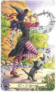 Фэнтезийная и лёгкая версия карты Суд: девушка-трубач и музыкальные ноты вокруг, метафора бытового пробуждения и перемен.