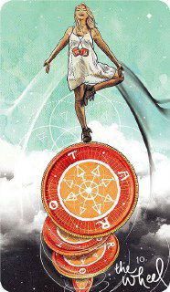 Современная минималистичная карта: женщина балансирует на вершине небольших колёс, стильная палитра и ощущение изменения позиций и устойчивости.