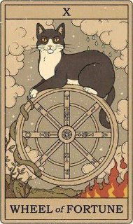 Иллюстрация с котом, сидящим на колесе фортуны; игривая и тёплая визуализация темы циклов и повторяющихся ситуаций в жизни.