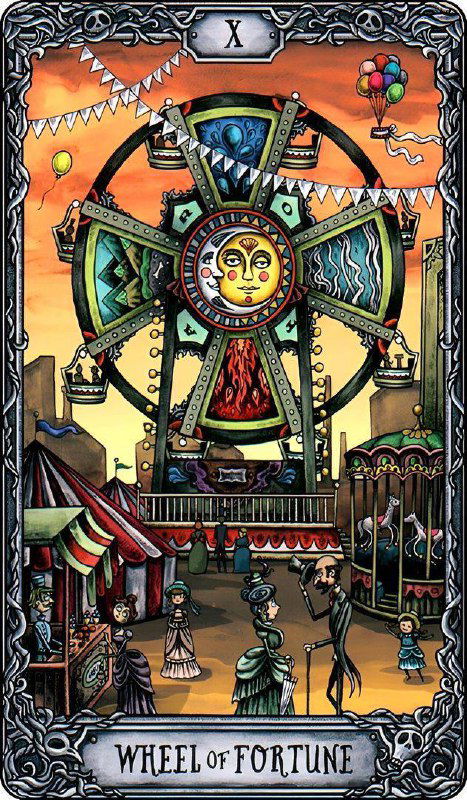 Яркая праздничная карта Колеса Фортуны с карусельными элементами: толпа, палатки и колесо на ярмарке как метафора житейских поворотов.