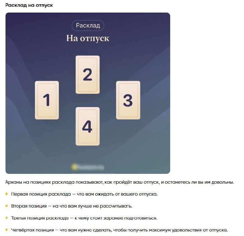 Иллюстрация расклада «На отпуск»: четыре карточные позиции на тёмном фоне с заголовком и краткими пояснениями под схемой, минималистичный стиль.