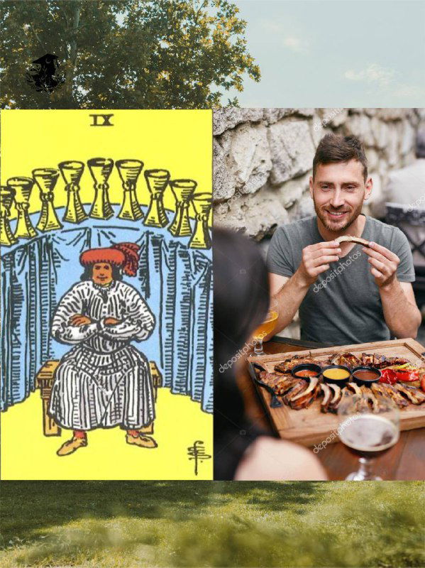 Коллаж: карта Таро «9 Кубков» рядом с фото мужчины, который улыбается и ест шашлык у мангала — образ того, кто много ест на праздниках.