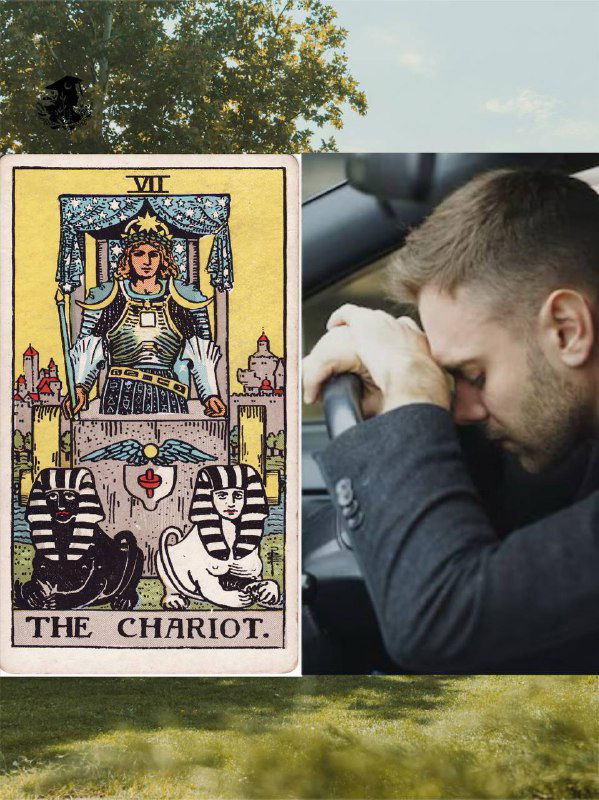 Коллаж: карта «Колесница» рядом с фото уставшего или сосредоточенного водителя в машине — образ трезвого водителя в компании.