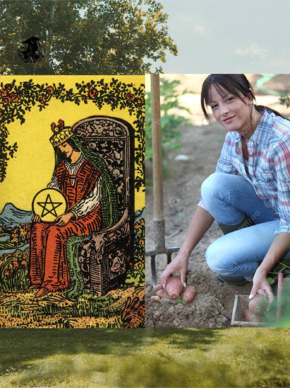 Коллаж: карта «Королева Пентаклей» слева и фото человека, который работает в огороде — образ тех, кто выбирает труд вместо отдыха.