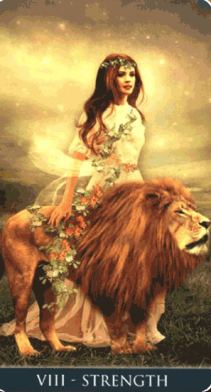 Иллюстрация карты «Сила»: женщина в воздушном платье верхом на льве в золотистом свете, образ страсти, доверия и поддерживающей связи.