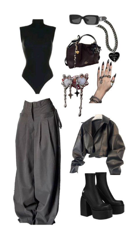 Коллаж в чёрно-серых тонах: боди, просторные брюки, кожаная укороченная куртка и массивные ботинки в стилистике грув-стрит и дерзкого образа.