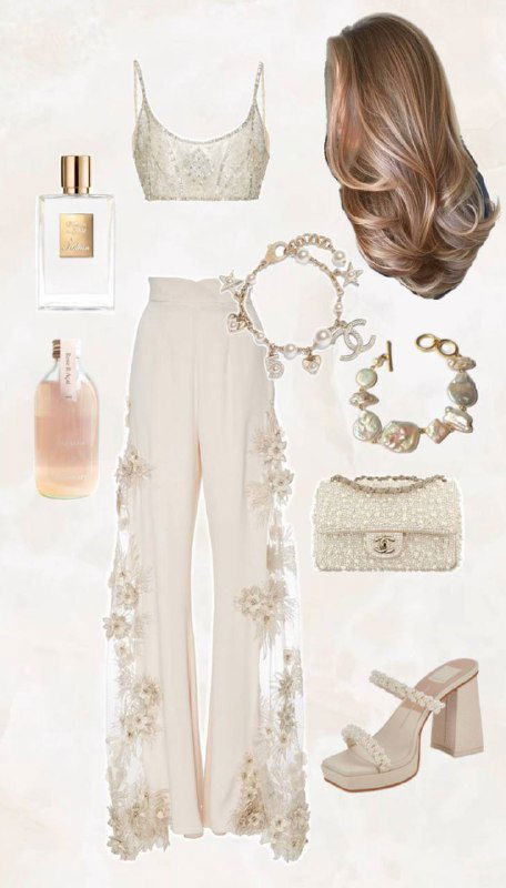 Коллаж светлого романтического образа: нежный топ с пайетками, широкие светлые брюки с цветочной отделкой, волосы и пастельные аксессуары для нежного образа.