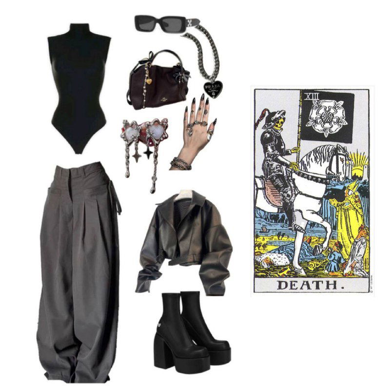 Коллаж: чёрный боди, широкие спортивные брюки, массивные ботильоны и аксессуары на фоне карты Таро «Смерть», дерзкий и мрачный стиль.