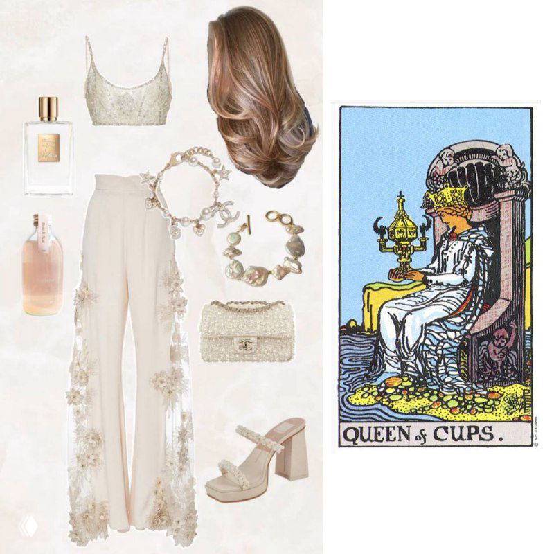 Коллаж: нежные летящие брюки с цветочным принтом, жемчуг, ракушечные украшения и бутылочки духов рядом с картой Таро «Королева Кубков», морской, женственный мотив.