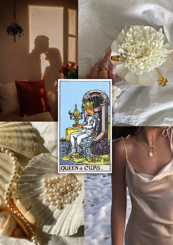Коллаж с картой Таро «Королева Кубков» среди мягких белых текстур: цветок, жемчуг и женский силуэт, создающий атмосферу эмпатии и нежности.