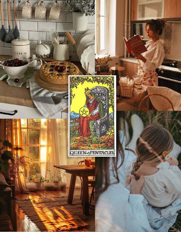 Коллаж с картой «Королева Пентаклей» и домашними сценами: уютная кухня, тепло солнечного света, женщина читает и сцены материнской заботы.