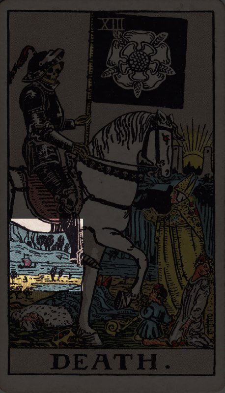 Фрагмент карты «Смерть» (Уэйт): всадник на белом коне, рядом видна лодка на воде — символ перехода, завершения и начала нового цикла.