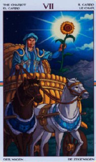 Иллюстрация Колесницы с двумя лошадьми и подсолнухом на заднем плане, насыщенная символика движения, силы и солнечной энергии на синем фоне.