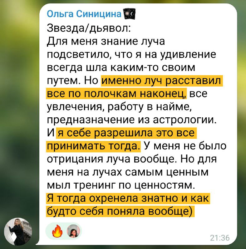 Квадратный скриншот сообщения в чате, где участница пишет, что Луч «расставил все по полочкам» и позволил принять себя — текст читается на размытом зелёном фоне.
