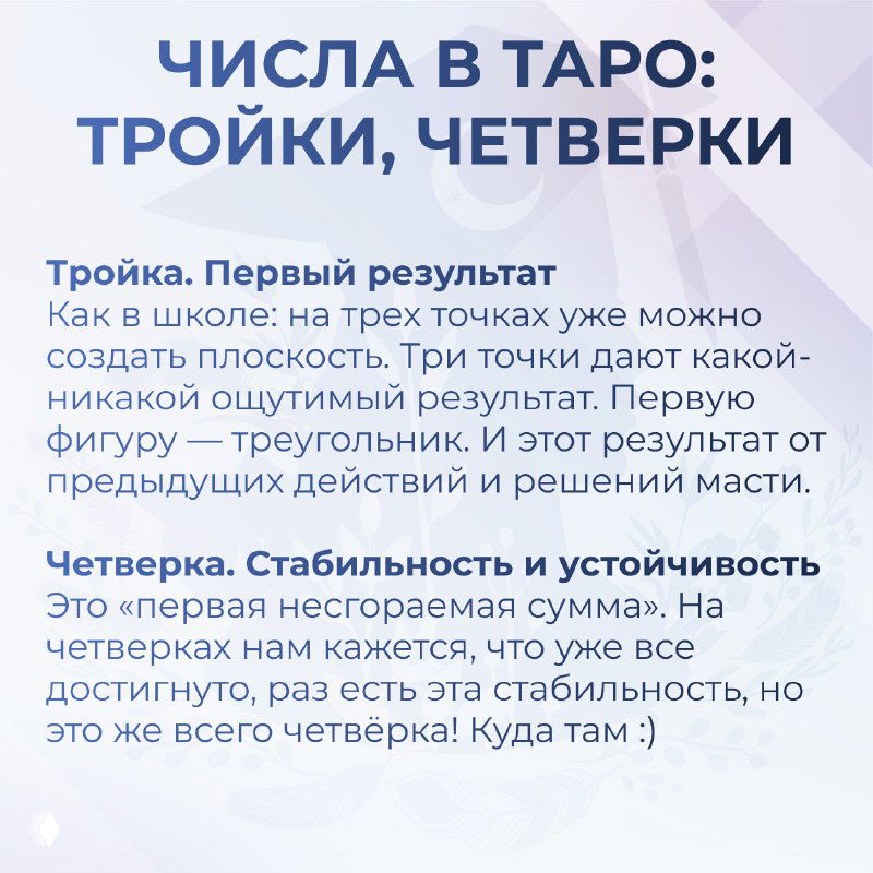 Инфографика: тройки и четвёрки в Таро — первые результаты и устойчивость; пояснения для интерпретации числовой динамики мастей и практики.
